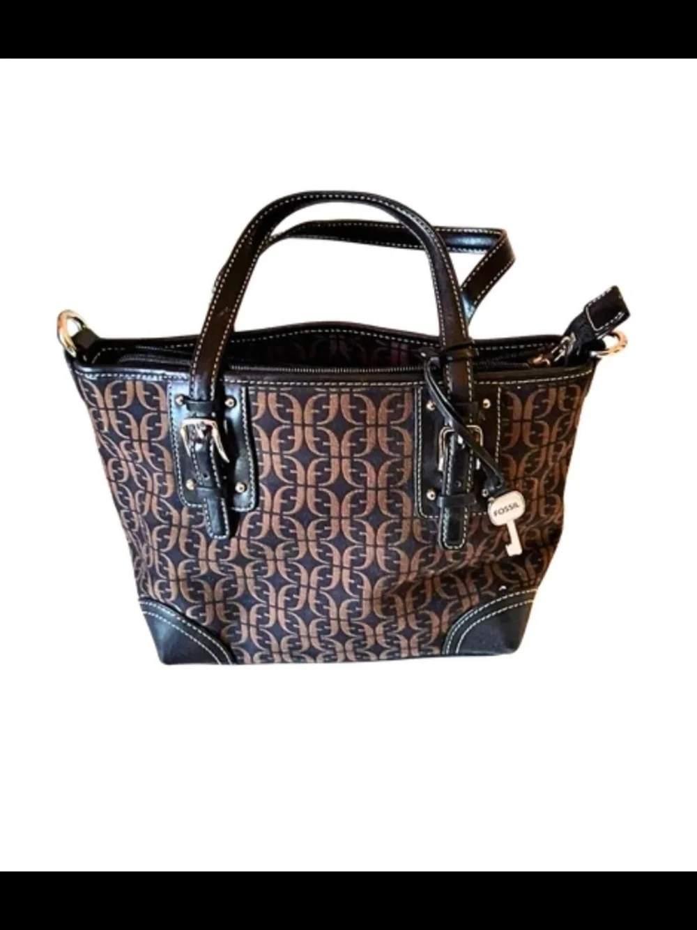 Fossil Signature Monogram Canvas Satchel Bag Brown Leather Trim Y2K Vintage